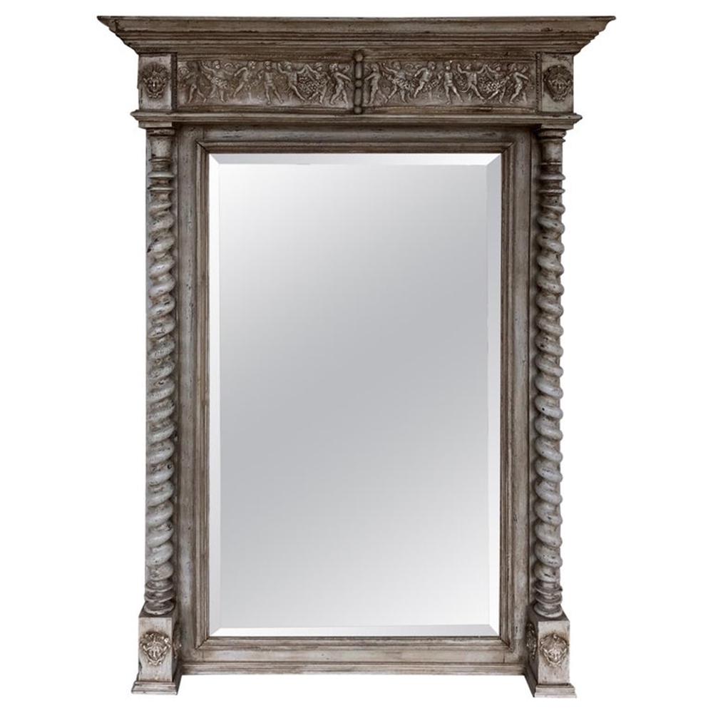 Antique French Barley Twist Gray Painted Mirorr: French grey painted neoclassical tall mirror, with barley twist columns, retaining original 25"x 48" mirror. Measures: H 61 in. x W 42 in. x D 7 in.