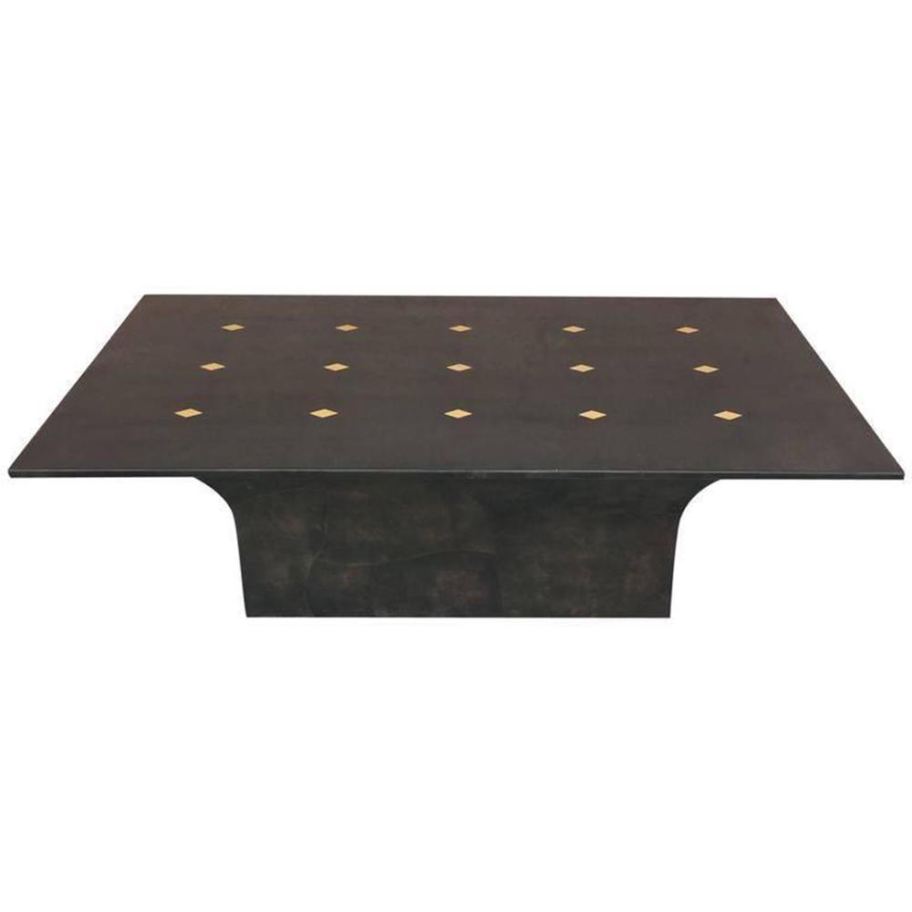 Garcel Parchment /Goatskin & Brass Inlaid Dining Table: Garcel Green Parchment/Goatskin & Brass Inlaid Dining Table Bears label Enrique Garcel/ Columbia Measures: H 31 in. W 84 in. x D 48 in