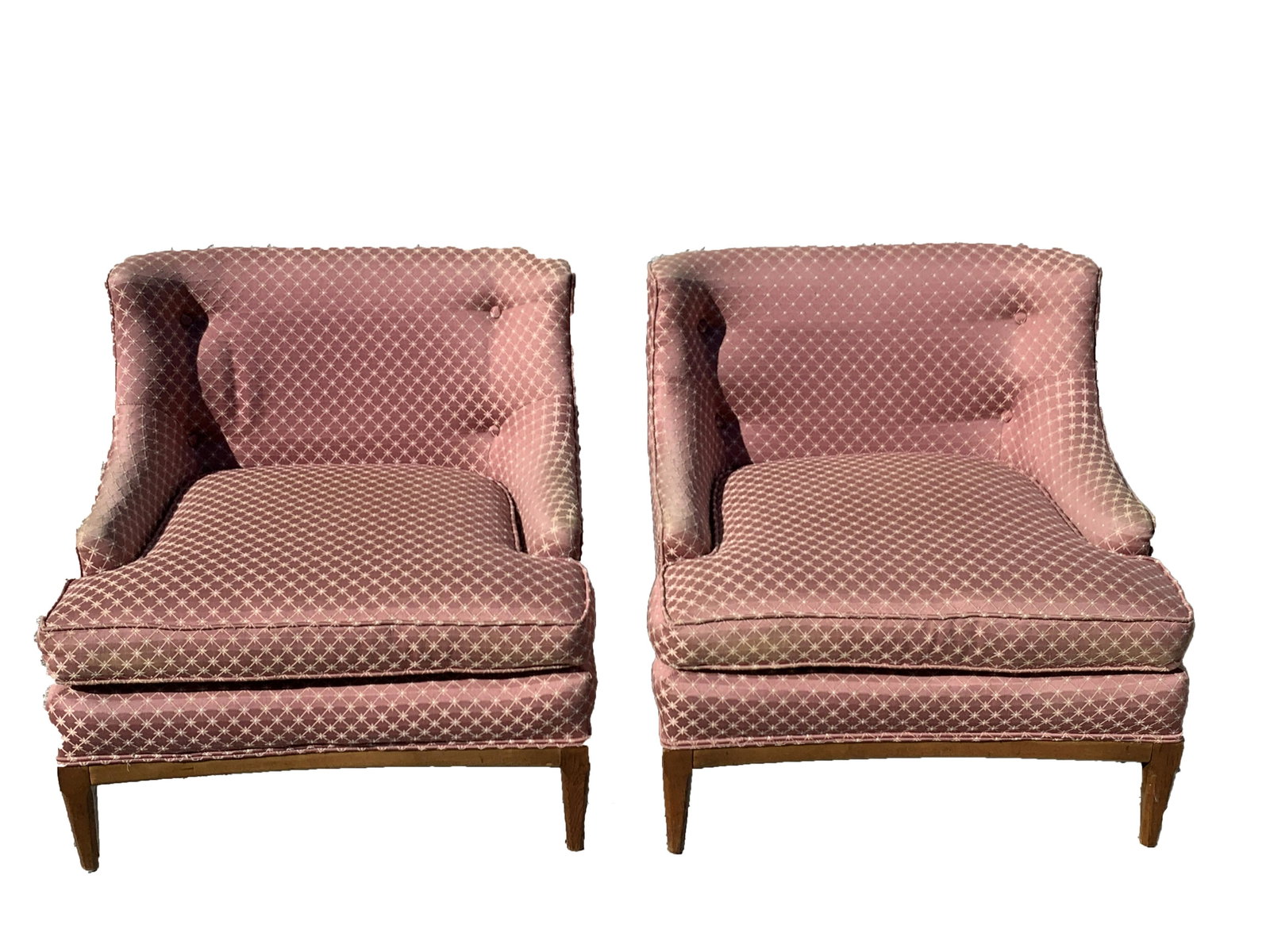 Pair of Dunbar Style Chairs: Pair of Dunbar Style Chairs, Vintage red Upholstery Measures: 29" H X 26" D X 29" W x 16" SH
