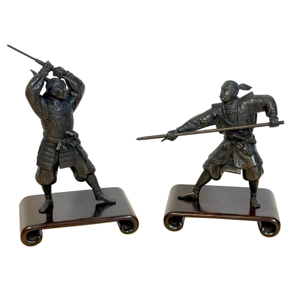 Pair Meiji Period Bronze Samurai Warriors (1 of 4)