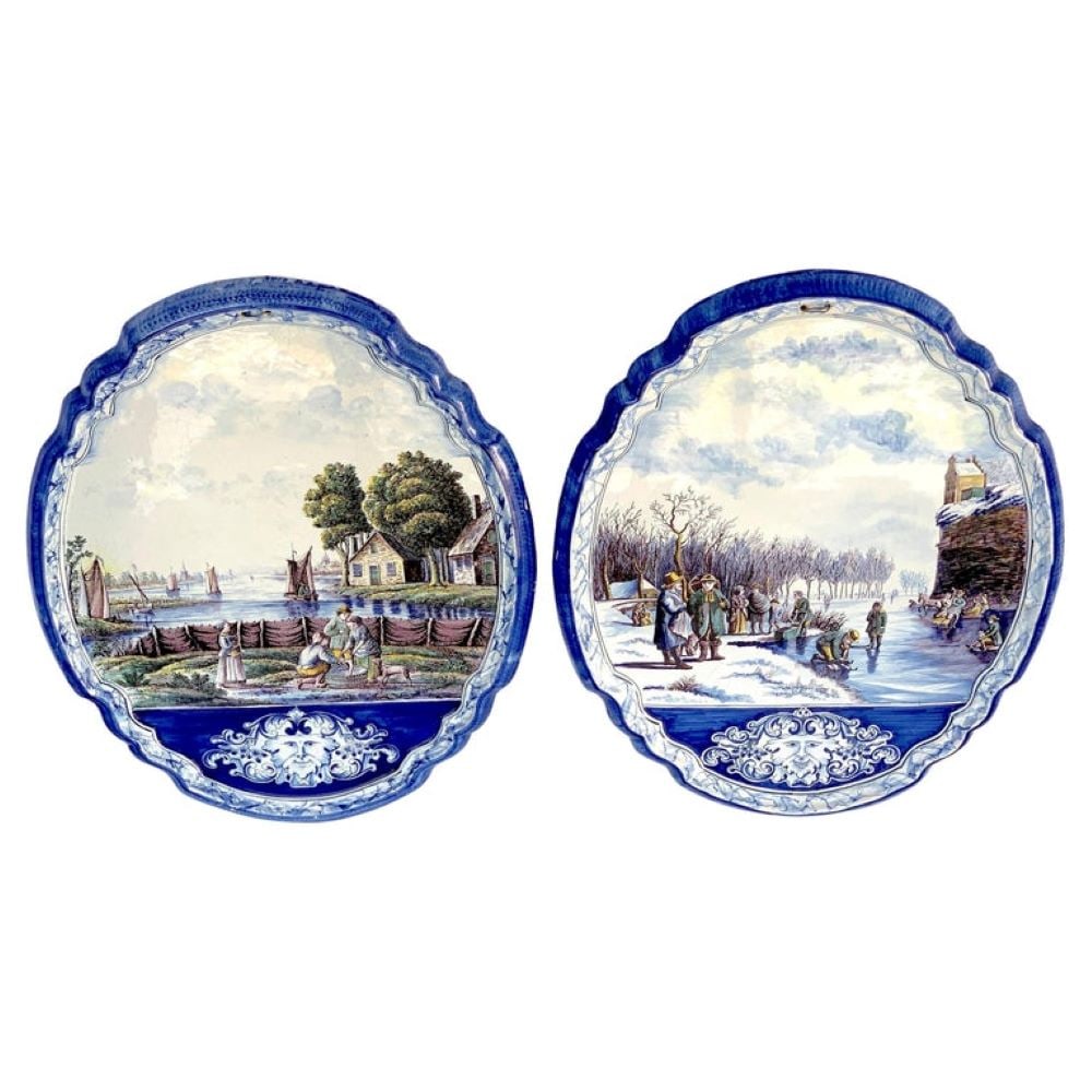 Large Pair of Antique Delft Topographical Wall Plaques (1 of 3)