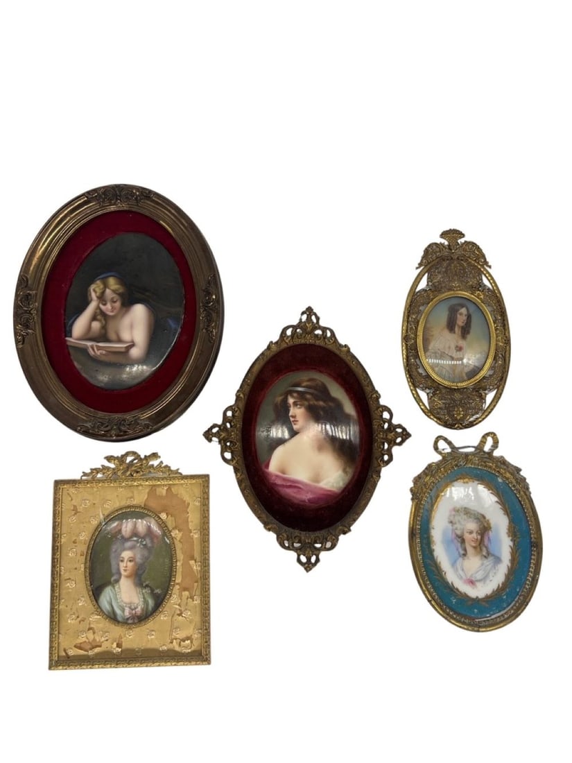 Grouping of 5 Antique Porcelain and Enamel Painted Female Plaques (1 of 6)