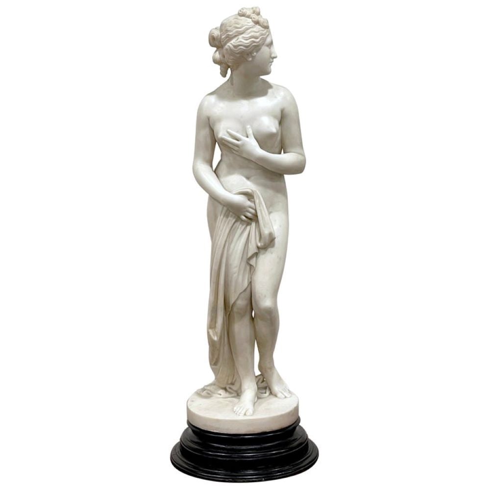 19th Century Carrera Marble Sculpture, 'Venus Italica', After Canova: 19th Century Carrera marble sculpture, 'Venus Italica', After Canova Overall Measurements 39.5-Inches high on base The base alone measures 12-Inch diameter 4-inches high The sculpture alone measures 3