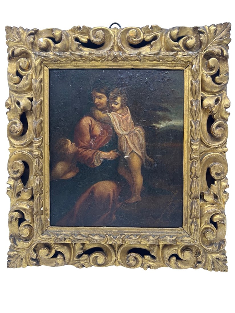 Madonna and Child School of Annibale Carracci 18th C or Earlier Oil On Board: Italian School of Annibale Carracci (Italian, 1560-1609), 18th century or earlier. Titled "Madonna Con Bambino E San Giovannino" originally painted C. 1596 and currently in the collection of the Uffiz