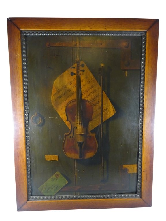 WILLAIM HARNETT Chromolithograph The Old Violin: William Harnett Chromolithograph The Old Violin Circa 1887, F. Tuchfarber & Co. Oak frame 34" x23" Provenance 1995 Philadelphia Print shop Good condition