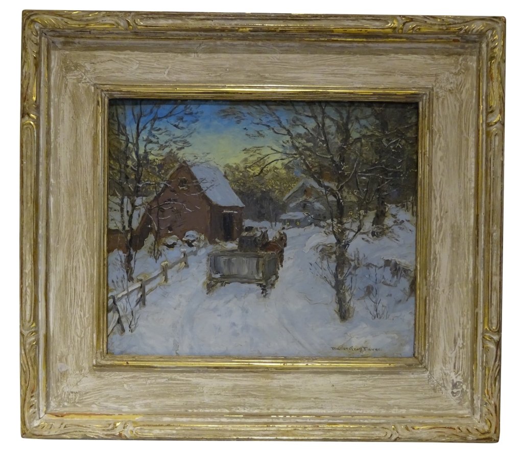 MARION GRAY TRAVER: "Winterscape": Marion Gray Traver Winterscape 10" x 12" on board Exceptional painting, 17.5 x 16, in a period Attrbuted Newman Macklin Frame