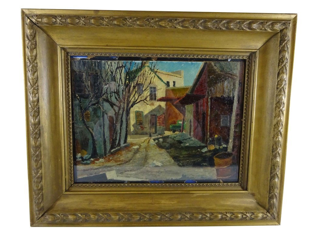 HARRY LEITH-ROSS "Backyard": HARRY LEITH-ROSS "Backyard" On Board 20" x 15" underglass, not examined out of glass, some condition issues, untouched Estate piece, in gitl frame 28.5" x23.5"