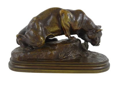 ISIDORE JULES BONHEUR - Lion Bronze: Isidore Jules Bonheur - Lion Bronze Fine casting of lion by pool of water, Signed on the front , foundry stamp "PEYROL" on reverse 8"w x 3.5" d x 4.5" h Very Good Condition