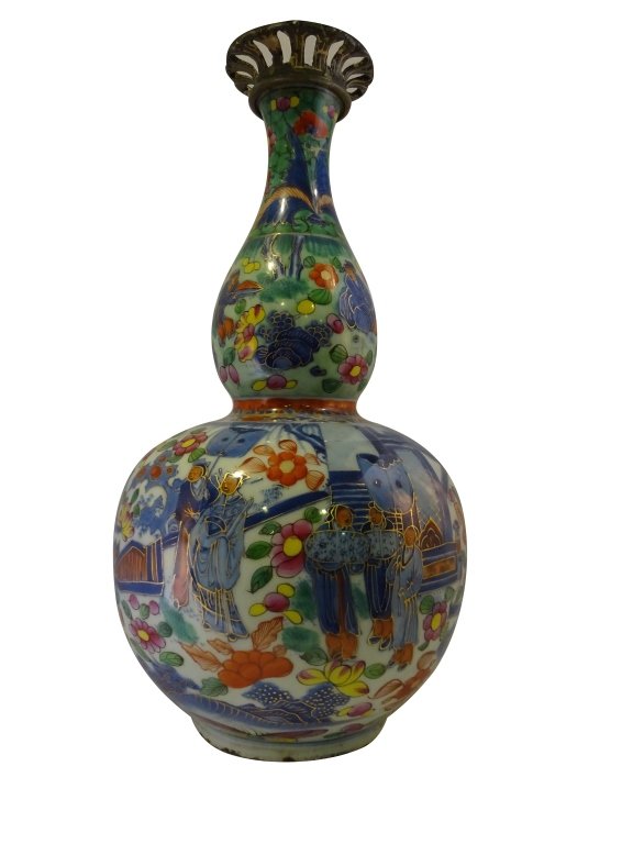 CHINESE: Ormolu mounted Five color vase: Chinese Ormolu mounted Five color vase ,15" high x 4 .25" base, the diameter of the bronze mount is 3.25". The vase still retains a French inventory label on bottom. There is a tight crack near the to