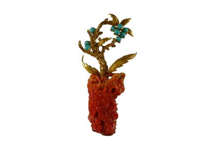 CHINESE: 14k Coral & Turquoise Pin: 14k Chinese Coral & Turquoise Pin 3.75 H x 1.5" W The Coral is 2" x1" Good Condition 36 grams