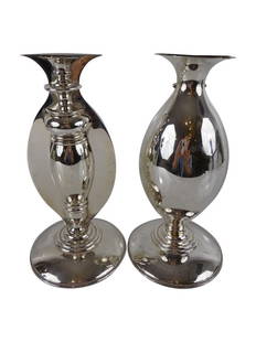 PAMPALONI- Pr. of Sterling Vases: PAMPALONI- Pr. of Sterling Vases l'oeil style, one side vase one side a candlestick 9" h x 4.5 base 34 ounces