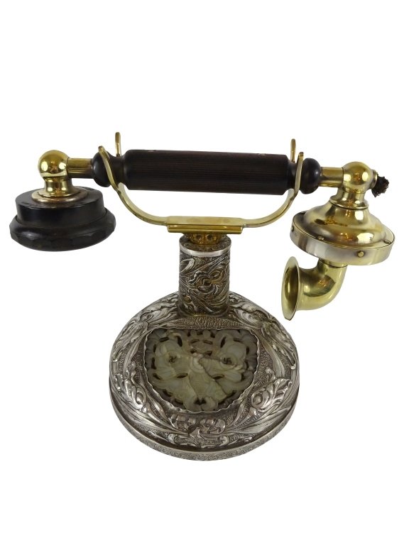 BENSABBOTT, Chicago Sterling & Jade House Phone: Bensabbot, Chicago Sterling & Jade House Phone, Circa 1925, 6" h x 9.5"w handles, Circualr phone base is 5.5" in diameter, Jade placque has stress cracks, Phone apperantly not working.