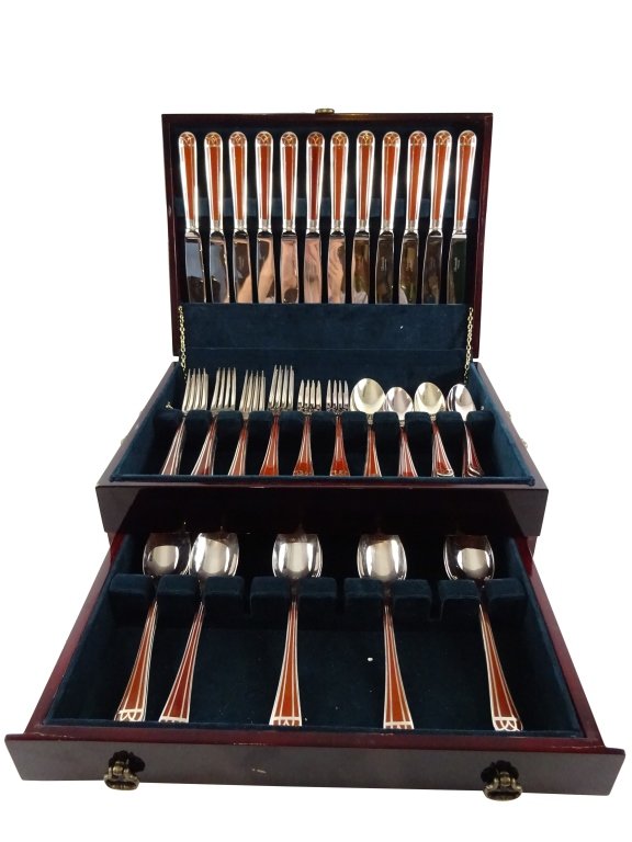 CHRISTOFLE "Taisman" in Sienna BrownService for 12: Christofel "Tailsman" Pattern in Sienna Brown, Service for 12 64 Pieces, Excellent Condition, Consisitng of 15 lg forks,11 large sppons, 12, small forks,, 12 teaspoons, 13 knives, 1 small butter/chees