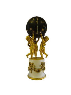 FRENCH: Dore clock Cupids Supporting Sphere: French Dore clock Cupids supporting Sphere 8" base x 20" h - Very Good Condition