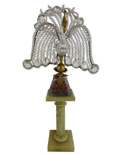 ART DECO: French Crystal Peacock Lamp: French Art Deco Crystal Peacock Lamp 13" h x10.5 w xon a triangualr base 3.5 wx 3" d with a Marble Plinth 8.5" x4" total height 21.5" high Very Good Condition