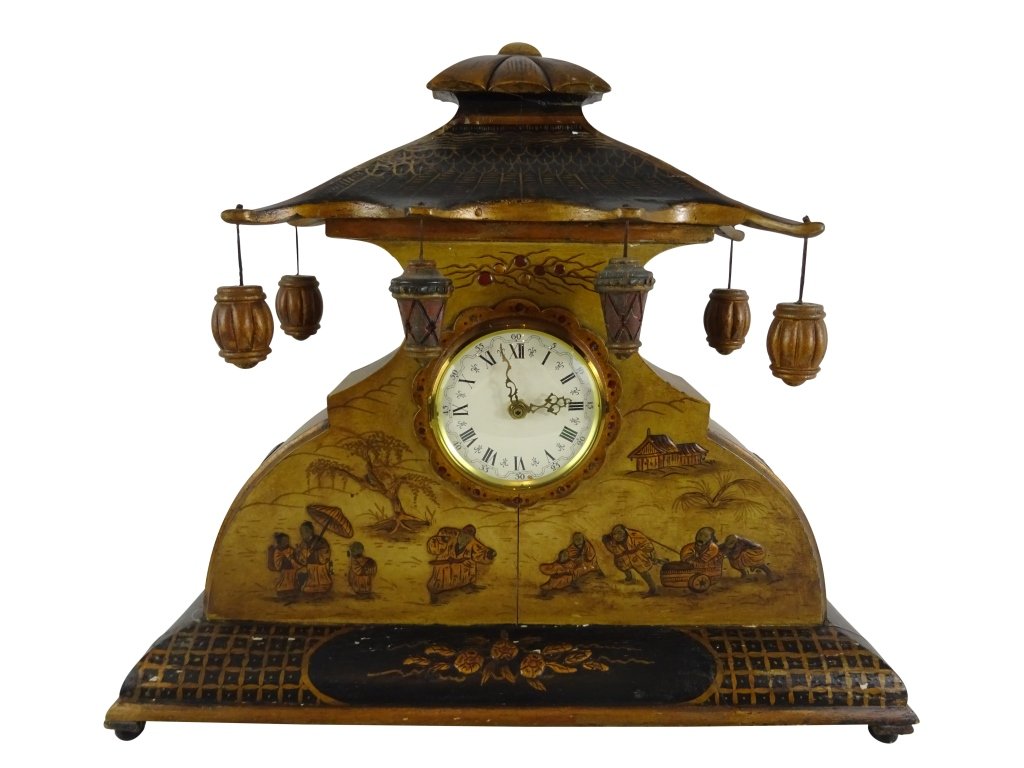 SISTER PARISH- Chinoisere Pagoda Clock: Chinoisere Pagoda Clock- Sister Parish, replaced movement 22" h x18.75"x 5.25 Very Good Condition PROVENANCE: with PARISH-HADLEY, A Philadelphia Apartment, 1977