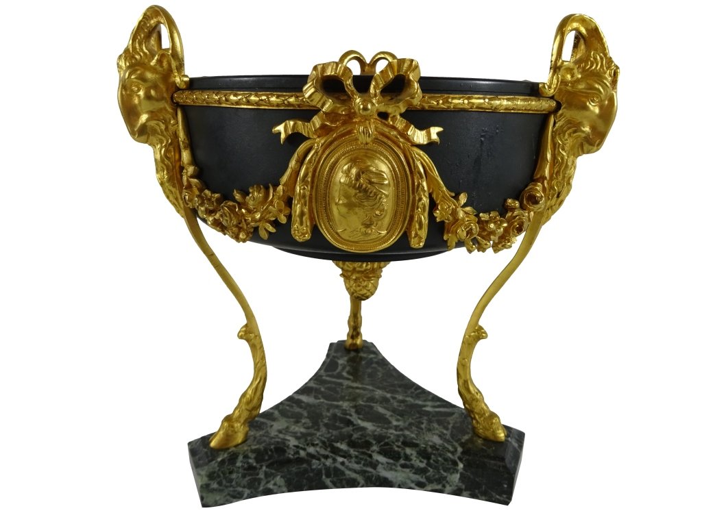 FRENCH: Louis XVI Style Ram Centerpiece: Louis XVI Style Ram Centerpiece , gilt and patianted bronze10.5" h x 9" d, Interior is 7.5" d Provenance: Rittenhouse Square Apartment
