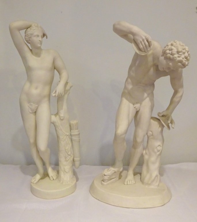 PARIAN: Two Figures: Two Parian figures, after the Antique Unmarked- 20.5 h x10" x 8" and 20.5 h x 6.25 x 6.25,