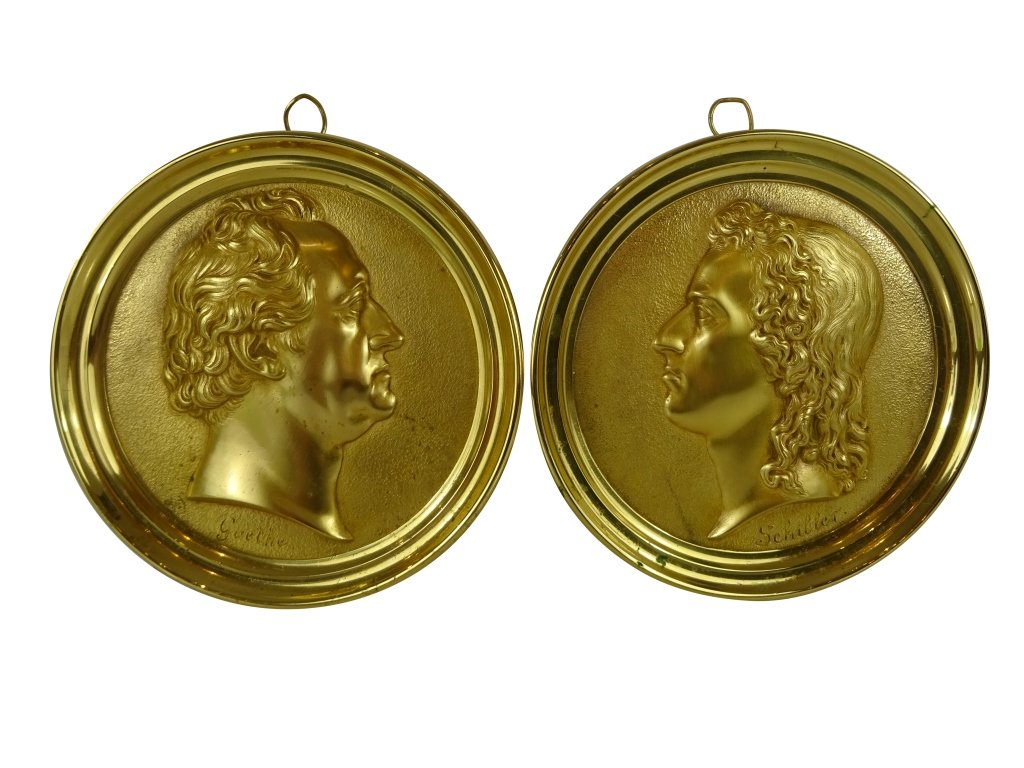 ORMOLU: Pair of Plaques: Pair of Ormolu Plaques, one of Goehte the other Schiller 6.5" d Very Good Condition