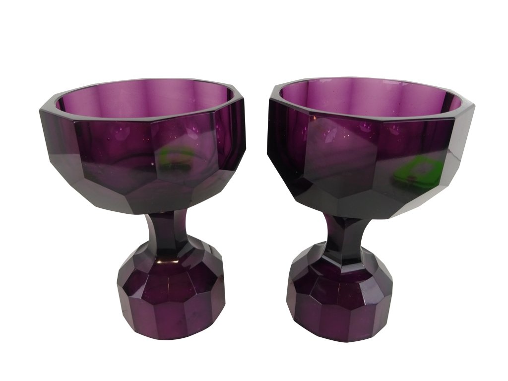 HOFFMAN STYLE: Pair of Ameythest Chalices: Pair of Ameythest Hoffman Style Chalices 7" h x4.5" x 3" base