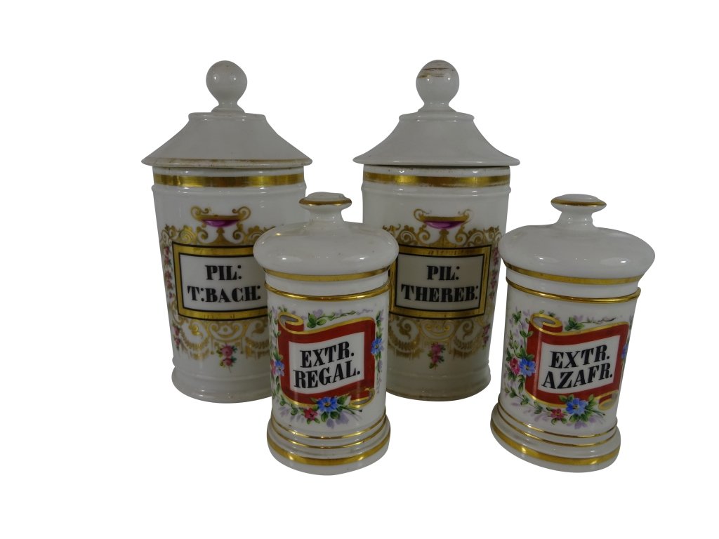 APOTHECARY:4 Smaller Jars: Four smaller Apothecary Jars, one pair 8.5" h the other 5.5" high- good condition