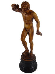 19TH CENTURY: Carved Olive Wood Faun: 19th Century Carved Olive Wood figure of Dancing Faun 15" h x5 base