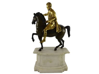 ANTIQUE: Bronze Marcus Arulirus: Antique Bronze Marcus Arulirus on horseback, finely cast, raised on white marble base, 23" h 11.5 w 6" d