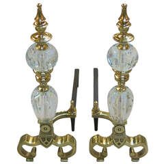 BRASS: Paperweight Glass Andirons: Brass & Paperweight Glass Andirons 22.5" h x 18.5" d