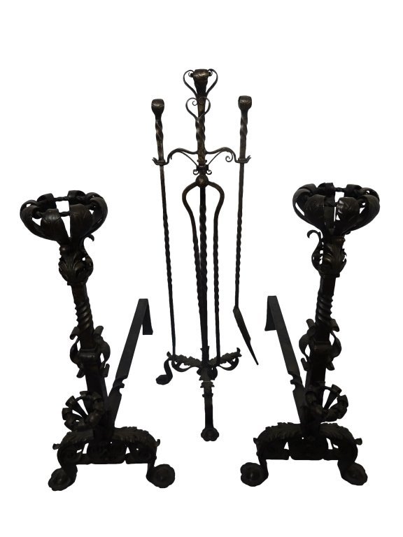 FIREPLACE: Iron Andirons & Tool Set: Large Wrought Iron Andiorns and tool set, Circa 1900, Andirons 32" h x14"w x33" deep, the tools 41.5" h x 12" diameter Very Good Condition PROVENANCE: From a PAlm Beach Estate
