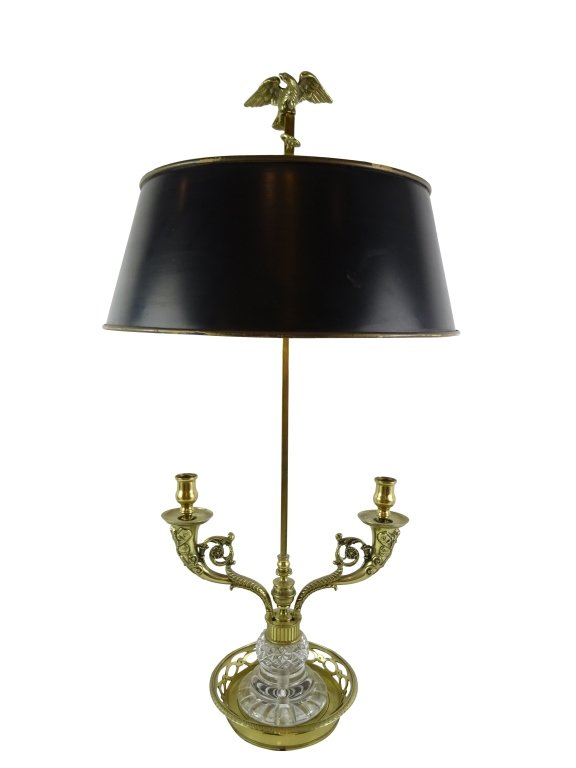FRENCH: Bronze & Crystal Bouillotte lamp: French Bronze and Crystal Bouillotte Lamp 29" h x 12" with tole shade Very Good Condition Provenance: a Palm Beach Estate