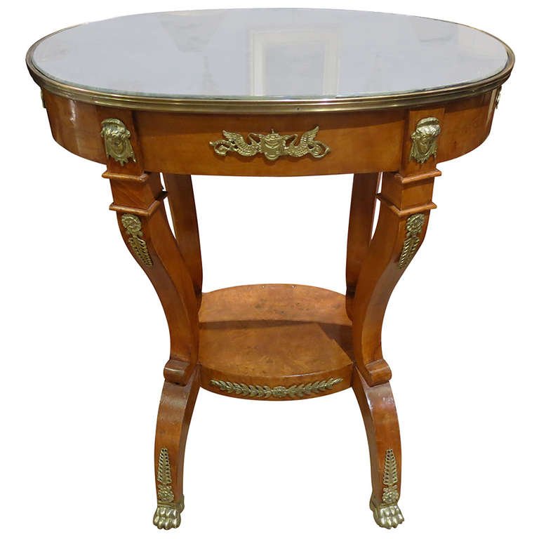 DECORATOR: Empire Style Carpathian Burl Side Table: Decorator Empire Style Carpathian Burl Side Table, with distressed mirror top Good Condition