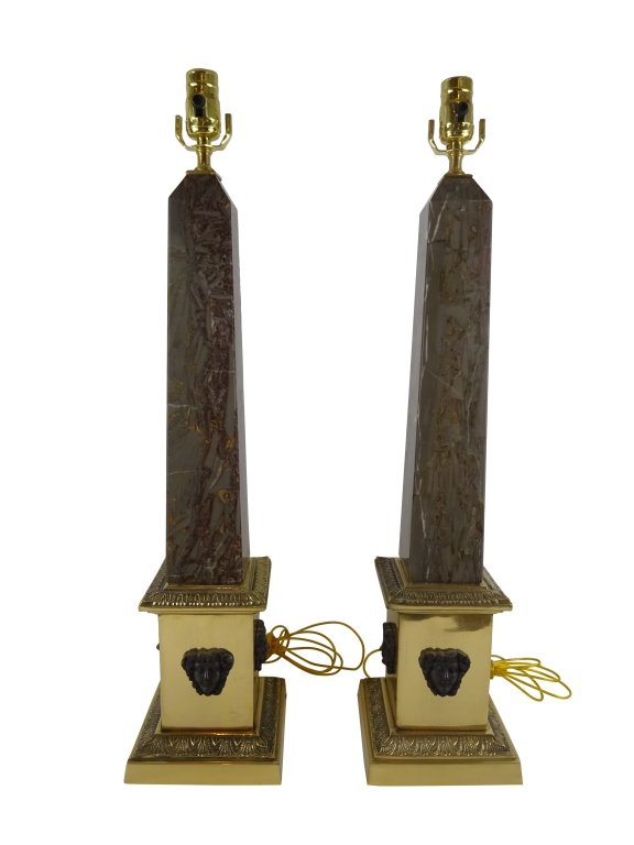 OBELISKS:Pair of Bronze and Marble Lamps: Pair of Obelisk Bronze and Marble lamps 28.5 h x 6.5 Provenance: From A Palm Beach Estate
