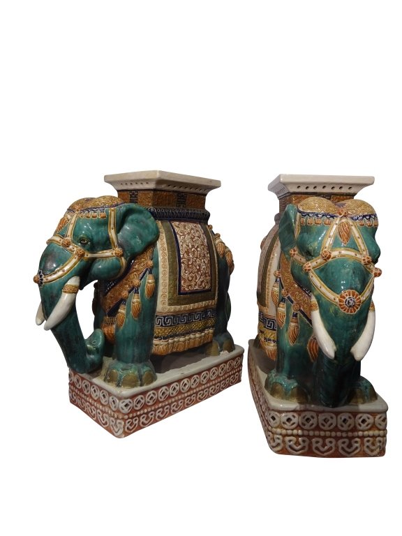 CHINESE: Famille Verte Elephant Side Tables: Chinese Famille Verte elephant side tables 20th C 22" x2" x9" Very Good Condition