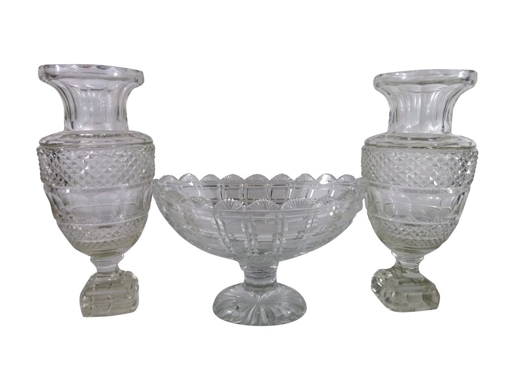 ANGLO-IRISH Cut Glass Garniture Set: Anglo Irish Cut Glass Garniture set 10"w x6.5" x6" the vases 11" h 5" d Very Good Condition