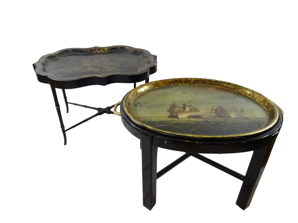 PAPIER MACHE: 2 Tray Tables: Two Papier Mache Tray Tables with nautical motif , 31.5 w x 23" d x 19",some losses, generally good Second one