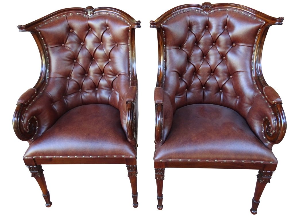 LEATHER: Pair of Club Chairs: Pair of Leather& Mahogany Club Chairs 26"d x 24"w x 42"h