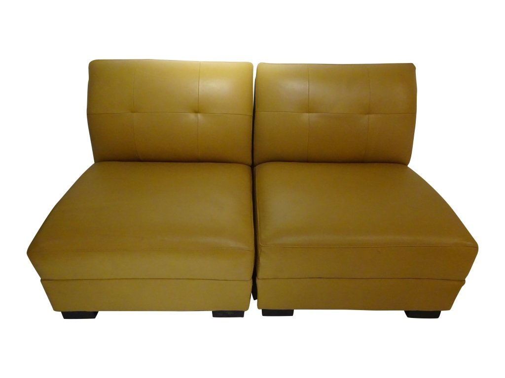 DESIGNER Citrine Leather Club Chairs: Two Citrine Leather Club Chairs Very Good Condition en suite with lot #362 33"h x 33"d x 30"w Each