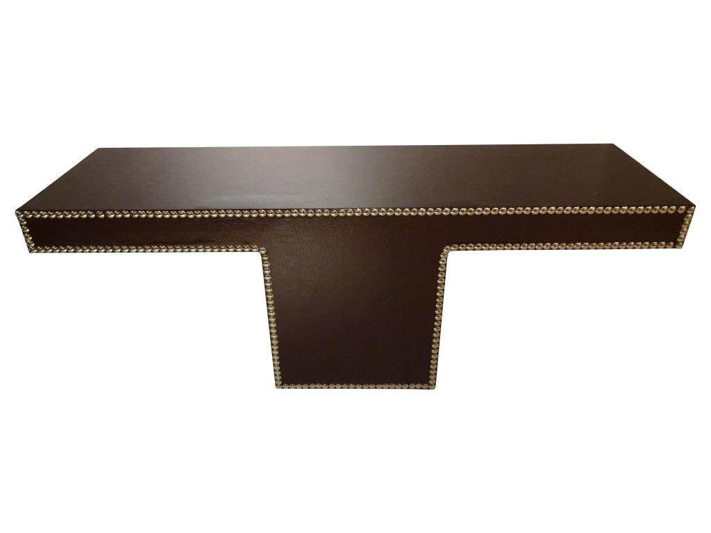 DESIGNER- Gallerist Desk/ Console: DESIGNER- Gallerist Desk/ Console "T" Upholstered in Faux Alligator Skin, Very good quailty. Was used as a desk in Art Gallery, can be used as a console 84" w x24.25 d x 30"h Very Good Condition