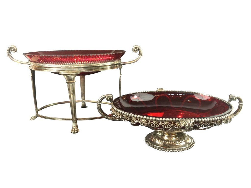 Antique Sheffield Epergne & Meriden Center Bowl: An English Sheffield centerpiece bowl with stand. Measures Height: 8.5 Inches Width: 14.5 Inches Depth: 6.75 Inches. Antique Meriden Silver & Glass Centerpiece Bowl which is very ornate. Measures Heig