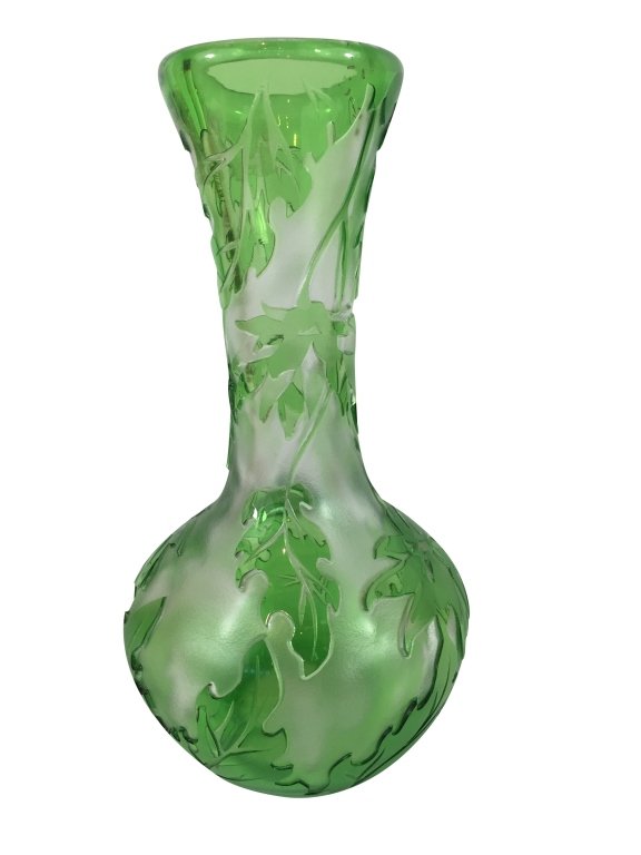 Green Cameo Glass Vase, Possibly Webb: Green cameo glass vase, possibly Webb. Measures height 8" opening 2" diameter at base: 4". Estimated shipping cost for this item is $25. Rate does not include insurance rate or special packing.