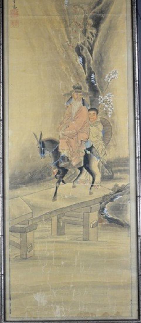 Silk Painting of An Old Man Riding: A silk painting of an old man and a child riding a donkey over a river by Wu Rong Gun in Qing Dynasty.H:56" W:15".
