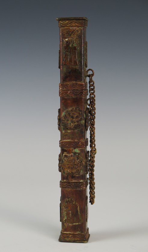 A br0nze Buddhist canonical literature holder: L 9 " X 1.5"