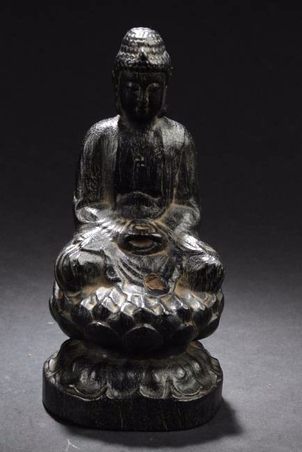 Chinese Hardwood Carved Statue: Seated in dhyanasana on doule lotus throne, the hands held in front of the lap or in mudra, wearing long flowing robe, the face with a serene expression. Height: 7.5 "