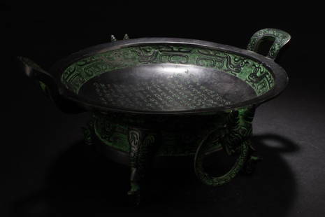 An Estate Tri-podded Chinese Bronze Vessel Display: An Estate Tri-podded Chinese Bronze Vessel Display. Height: 4 (inch). Opening Diameter: 10 (inch).