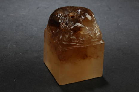 An Estate Chinese Soapstone Myth-beast Seal Display: An Estate Chinese Soapstone Myth-beast Seal Display . Height: 2.5 (inch). Length: 1.75 (inch). Width: 1.75 (inch).