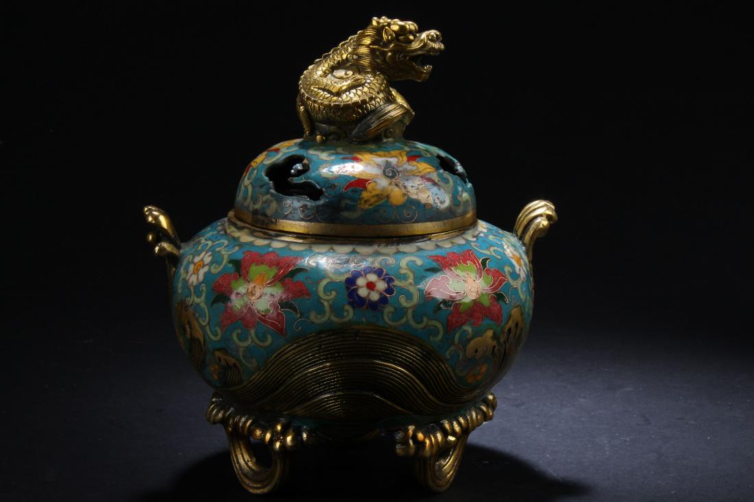 A Chinese Lidded Estate Myth-beast Cloisonne Censer: A Chinese Lidded Estate Myth-beast Cloisonne Censer Display . Height: 7.75 (inch).