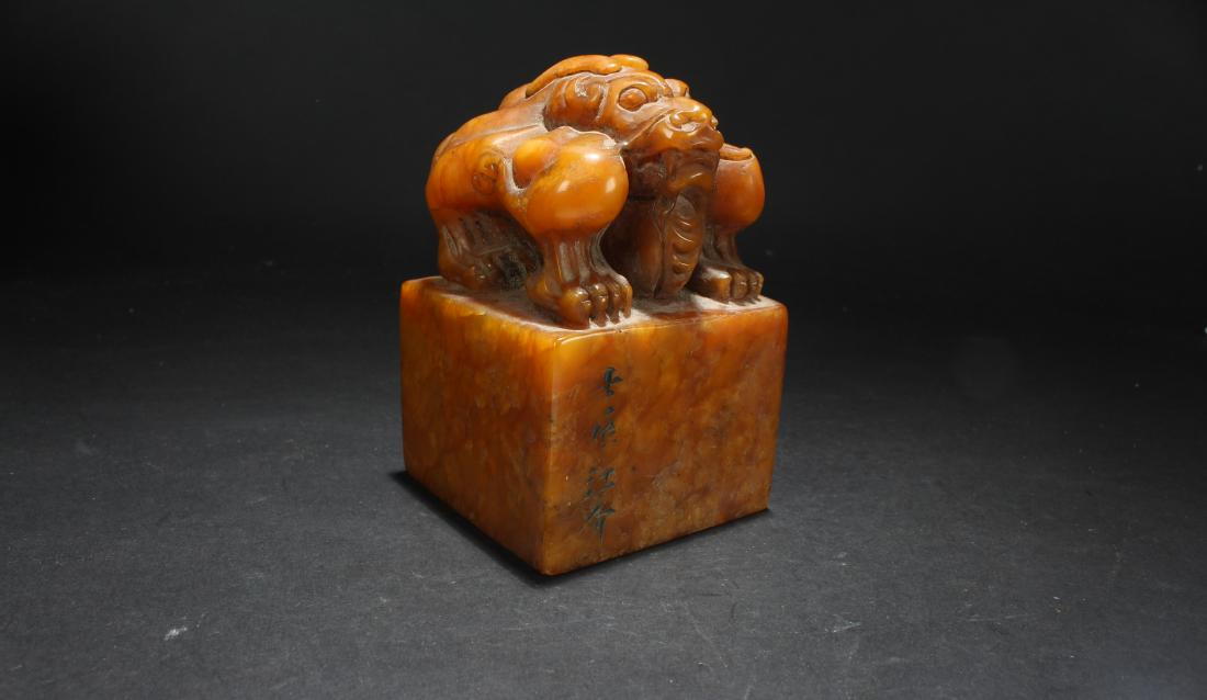 A Chinese Myth-beast Soapstone Seal Display: A Chinese Myth-beast Soapstone Seal Display . Height: 5.1 (inch). Width: 3.1 (inch).