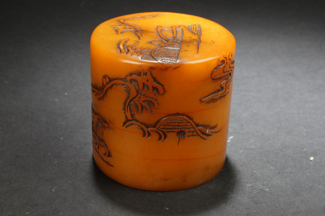An Estate Chinese Soapstone Circular Seal Display: An Estate Chinese Soapstone Circular Seal Display . Height: 3 (inch). Opening Diameter: 3 (inch).
