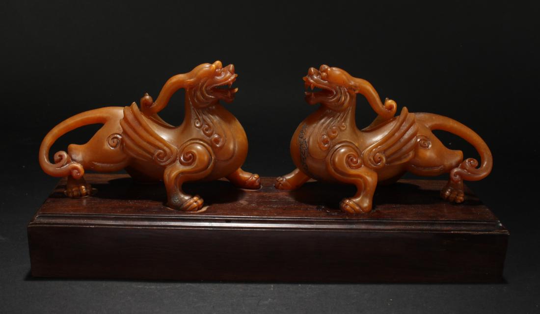 A Pair of Chinese Soapstone Myth-beast Fortune Statue (1 of 8)