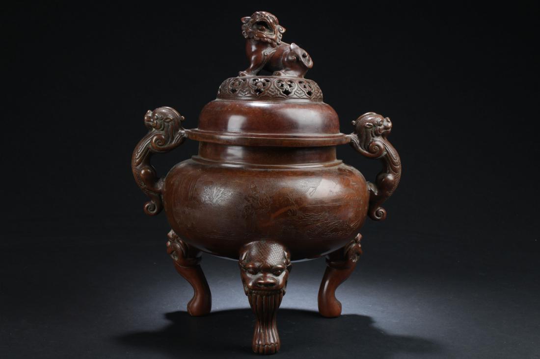 A Massive Chinese Tri-podded Copper Myth-beast Censer: A Massive Chinese Tri-podded Copper Myth-beast Censer Display . Height: 14.5 (inch).